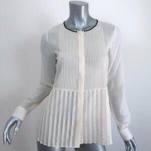 Theory Blouse Zirana Cream Pleated SILK Chiffon Size LARGE Long Sleeve Top